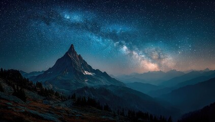 Mountain peak under starry night sky with milky way