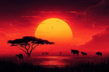 Vibrant sunset over a savanna with silhouettes of animals grazing under a red sky