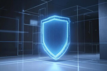 Holographic shield displaying security measures in a modern home environment