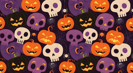 Obraz premium Spooky Halloween Pixel Art Pattern Featuring Pumpkins and Skulls