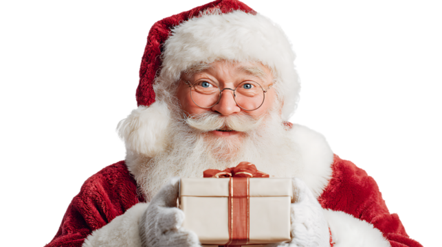 Santa claus holding a gift isolated on transparent background