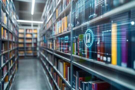 Modern library featuring digital interface and shelves filled with colorful books