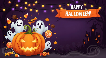 Spooky Halloween Night With Ghosts Pumpkins And Candy Treats