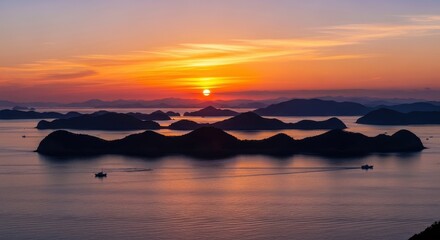 Spectacular sunset over a tranquil sea dotted with islands and moving boats