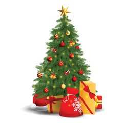 Fir tree with decorations, presents and Santa hat vector