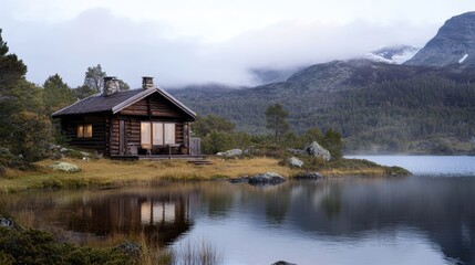 Obraz premium A cozy wooden cabin by a serene lake, surrounded by lush greenery and misty mountains, creating a peaceful natural retreat.