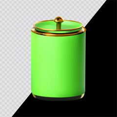 Green tea can. Chinese tea ceremony. 3D render style on transparent background. For dark and bright backgrounds.
