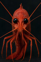 Digital surreal artwork of giant red shrimp, close-up stylized illustration with expressive marine fantasy details.