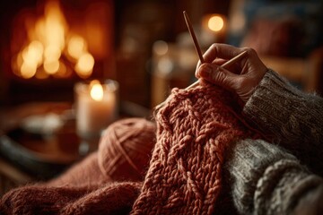 Cozy Knitting by Fireplace, Woman Crafting Warm Sweater