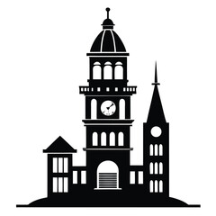 Silhouette of a Clock Tower and Adjacent Buildings with Varied Architectural Elements