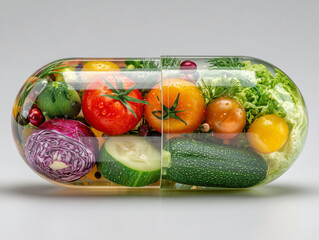 zucchini, pepper, tomato, cucumber, cabbage, onion inside a transparent capsule tablet