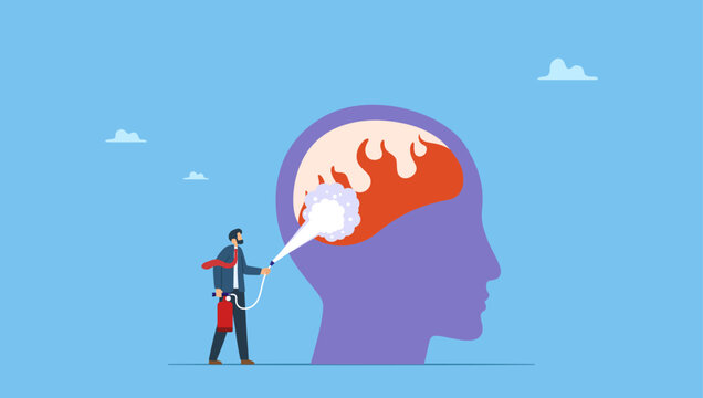 Man with fire extinguisher try to extinguish burning fire on human head. Therapy to cool down burning mind or anger, reduce burnout or mental illness, depression, cure anxiety and stress.