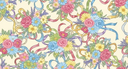 Fototapeta premium Seamless floral background with pastel ribbons, a delicate arrangement of blooms
