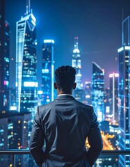Contemplative professional gazing at a luminous cityscape embracing aspirations and ambitions