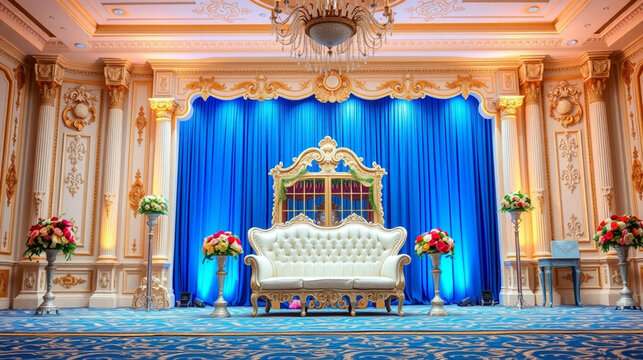 “A regal wedding stage photographed straight-on. The stage is lavishly decorated with cream, off-white, and gold carvings, accented by a deep blue curtain. A richly upholstered sofa and matching chair - Powered by Adobe