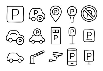 Parking Icon Line Set, Isolated Background. Simple Line Design Representing Cars and Parking Lots, Useful Graphic Elements for Road Signs and Map Navigation