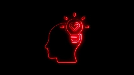 Glowing red neon light bulb with a heart inside the brain on a black background