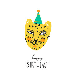 Cute hand-drawn leopard face wearing party hat with “Happy Birthday” text. Playful animal illustration perfect for greeting cards, kids decor, posters, stickers, invitations and festive design project