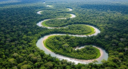 Stunning aerial view of winding river through lush green rainforest canopy, a vibrant natural wonder