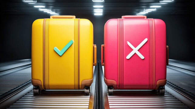 dual conveyor belts showing accepted vs rejected luggage iconography informational style no words illustration concept scene visual for commercial design use high detail quality stock image