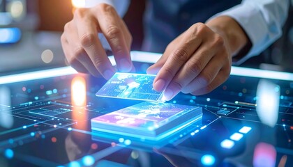 Hands interact with holographic data cards on a futuristic interactive interface panel technology