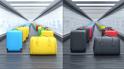 dual conveyor belts showing accepted vs rejected luggage iconography informational style no words illustration concept scene visual for commercial design use high detail quality stock image