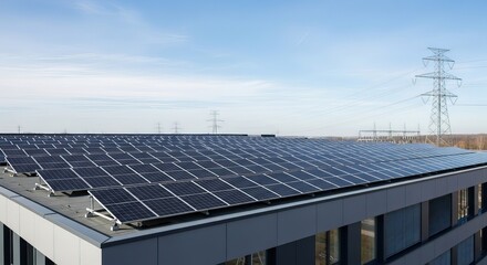 Fototapeta premium Sustainable building with solar panels generating clean energy on a bright, sunny day above the modern structure