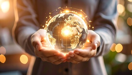 Fototapeta premium Illuminated globe cradled in hands symbolizing global connection and innovation