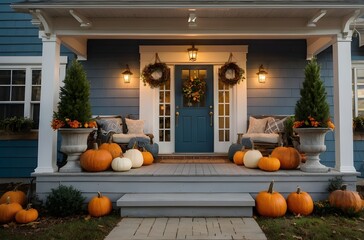 Cozy Autumn Farmhouse Porch with Pumpkins, Lantern, and Wreath at Golden Hour