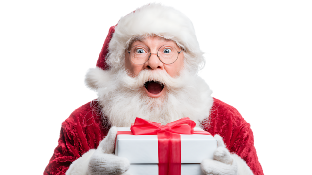 Santa claus holding a gift isolated on transparent background