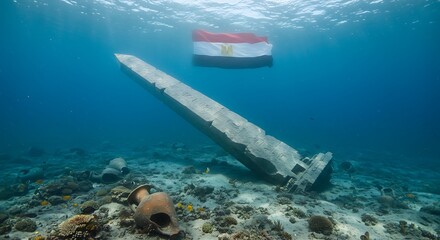 Explore ancient underwater Egyptian ruins with an obelisk, pottery, and the flag waving above the surface