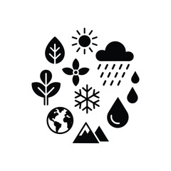Diverse nature icons symbolizing earth climate weather seasons flora fauna and elements arranged in circle