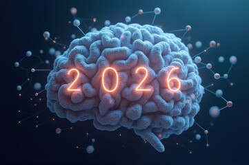 digital rendering of human brain with glowing numbers "2026", symbolizing future innovation and advancements in neuroscience and technology. network of connected nodes. tech concept