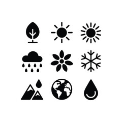 Collection of weather and nature icons representing seasons climate change and elements