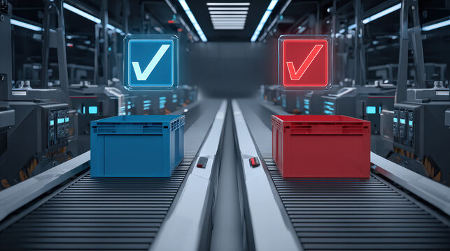 dual conveyor belts showing accepted vs rejected luggage iconography informational style no words illustration concept scene visual for commercial design use high detail quality stock image