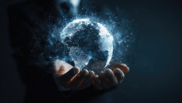 Businessman holds digital globe, global network, dark background