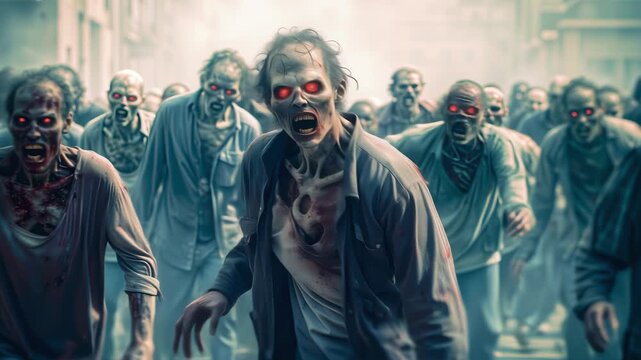 Crowd of zombies running forward after world apocalypse