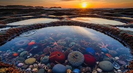Stunning tide pool at sunset with colorful sea life and starfishes in clear water creating a peaceful scene