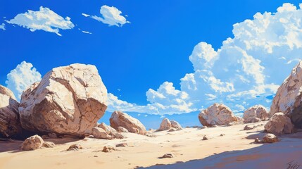 A serene landscape featuring large rocks on a sandy terrain under a vibrant blue sky adorned with fluffy clouds.