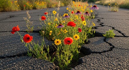 Resilient wildflowers blooming through cracks in asphalt embody beauty, hope, and overcoming adversity