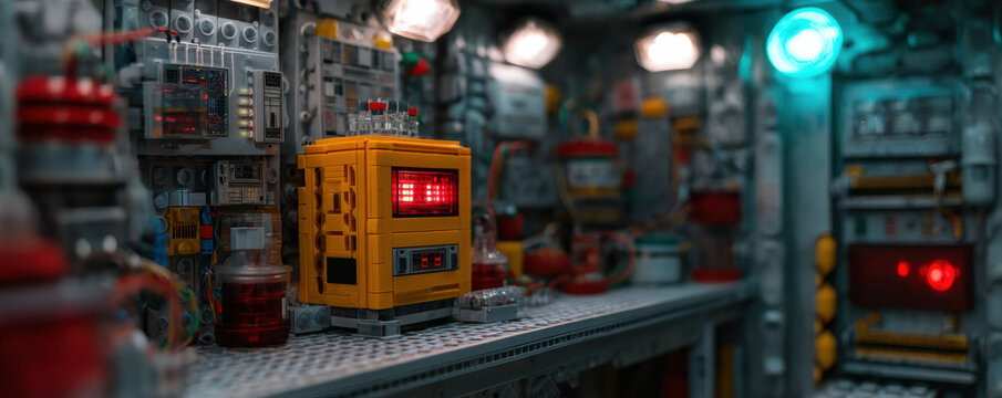  detailed model of a futuristic control room featuring intricate machinery, glowing lights, and various technological elements.