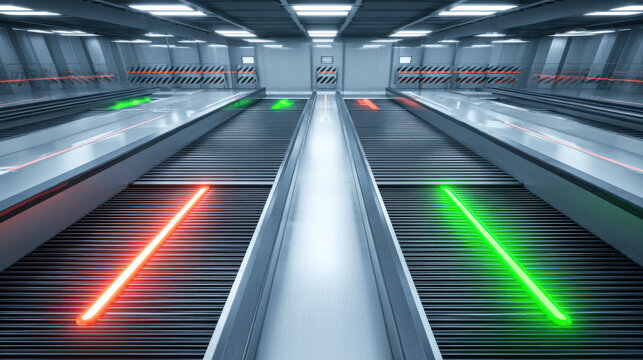 dual conveyor belts showing accepted vs rejected luggage iconography informational style no words illustration concept scene visual for commercial design use high detail quality stock image