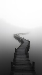 Fototapeta premium A winding wooden walkway over a misty lake.