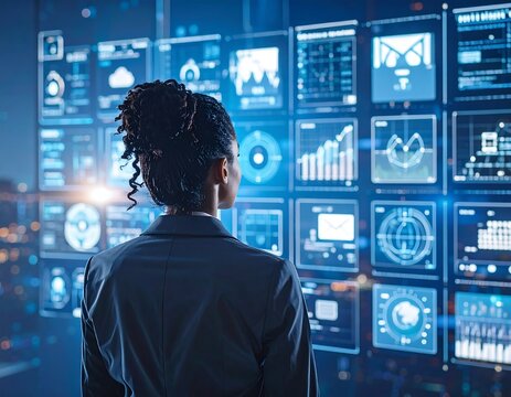 Woman analyzing complex data on digital screens in a modern tech environment