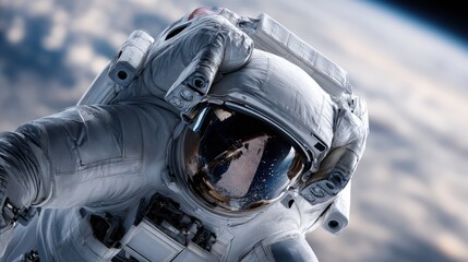 Close-up view of an astronaut in a spacesuit, positioned in the vast expanse of space, highlighting intricate details of the spacesuit's design and materials.