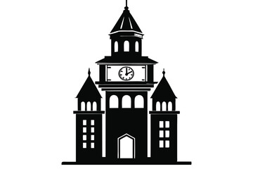 Black Silhouette of Architectural Clock Tower Building with Windows, Door, and Spire Elements