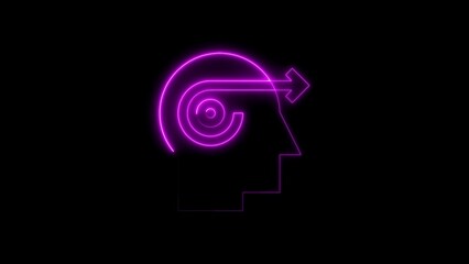 Neon illustration of a human head with a spiral and arrow representing idea flow