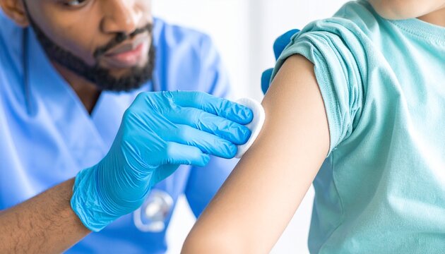 Nurse preparing child’s arm for vaccination with cotton swab