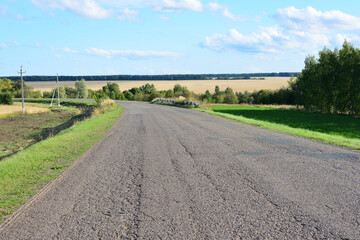 Country Road Leading to Horizon with yellow field Under Blue Sky