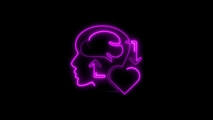 Neon illustration of a human head with brain heart arrows symbolizing thought and feeling